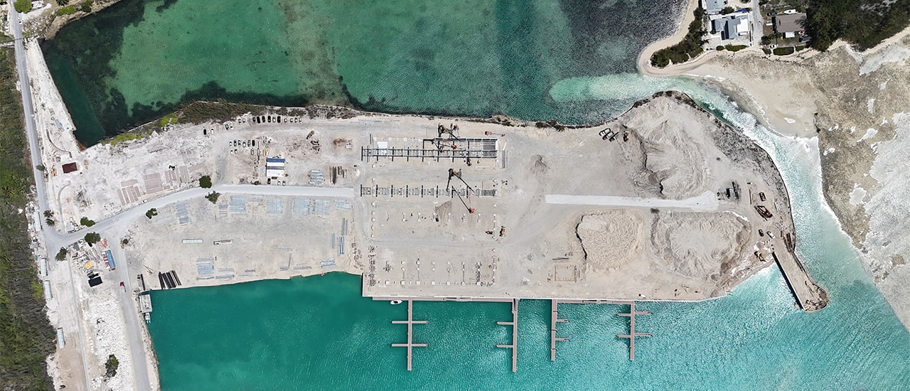 aerial of the construction at Blue Water Cay Marina